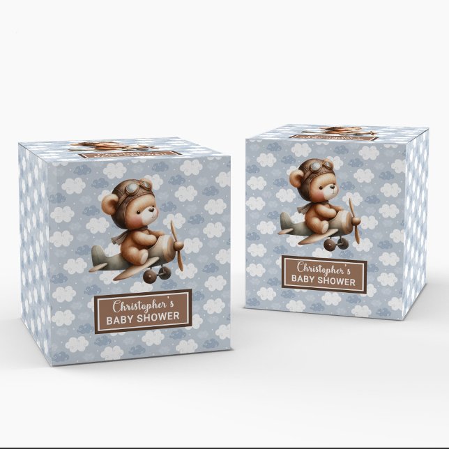 Sweet teddy bear pilot boy shower favour box blue (Charming Teddy Bear Pilot Boy Baby Favor Box)