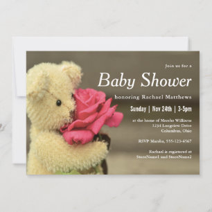 Sweet Teddy Bear With Rose Baby Shower Invitation