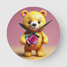 Sweet Teddy Bear with Rose Wall Clock