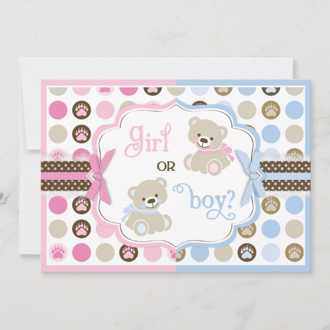 Sweet Teddy Bears and Paw Dot Print Gender Reveal Invitation (Front)
