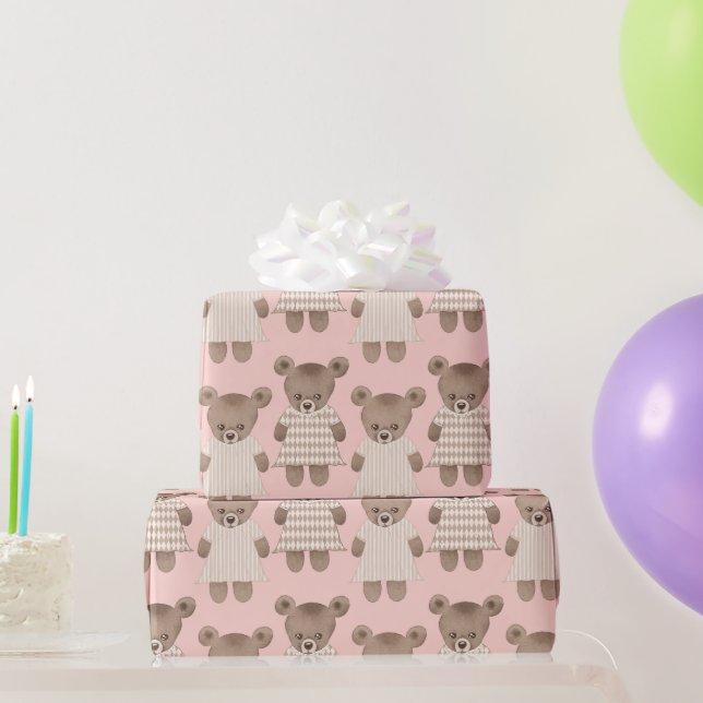 Sweet Teddy, Bears in Dresses, Pink Background Wrapping Paper (Party Gifts)