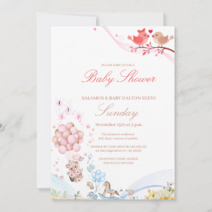 Sweet Teddy Love Birds Baby Shower Invitation