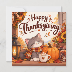 Sweet Thanksgiving Kitten on Cosy Porch Holiday Card