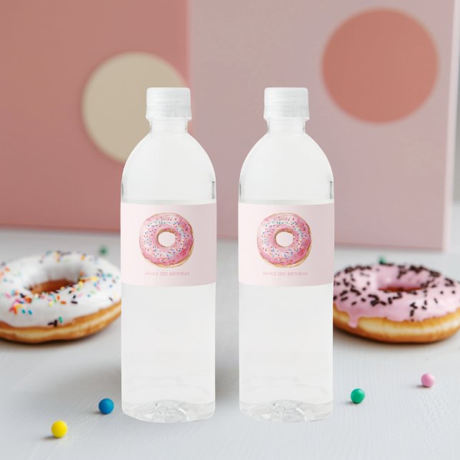 Sweet Time Pastel Pink Doughnut Birthday Water Bottle Label (Creator Uploaded)