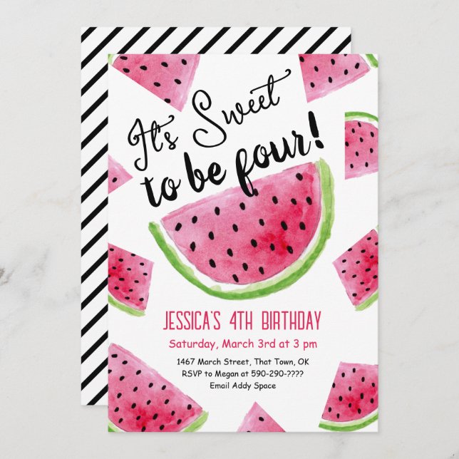  Sweet to Be Four Melon Birthday Party Invitation (Front/Back)