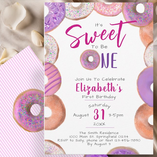 Sweet To Be One Doughnut Pink Girl 1st Birthday Pa Invitation (Creator Uploaded)