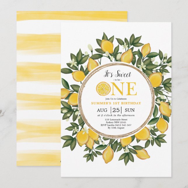 Sweet to Be One Summer Lemon Citrus 1st Birthday Invitation (Front/Back)