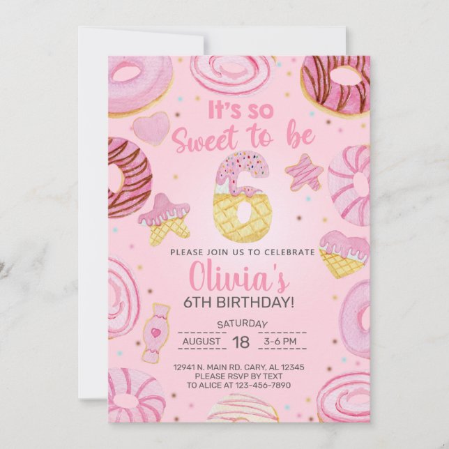 Sweet to be six doughnuts girl 6th birthday invite (Front)
