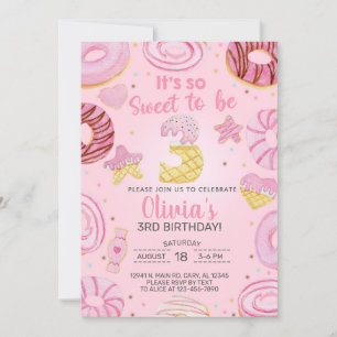Sweet to be three doughnuts girl 3rd birthday invi invitation