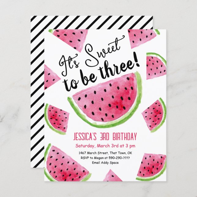  Sweet to Be Three Melon Birthday Party Invitation (Front/Back)
