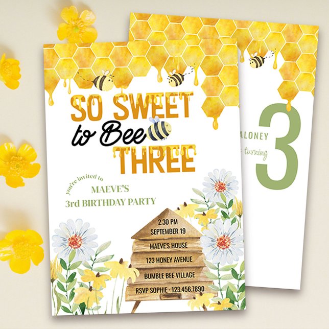 Sweet to Bee Three Hive and Honeycomb 3rd Birthday Invitation (So sweet to bee three - bee themed 3rd birthday invitation with honeycomb and beehive.)