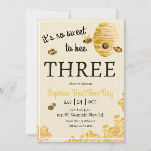 Sweet to Bee Three Honeycomb Bees 3rd Birthday  Invitation