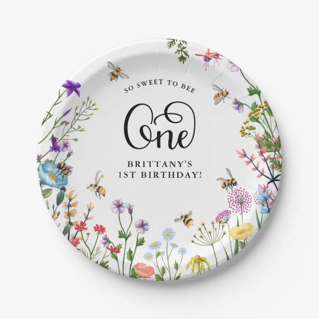 'Sweet to Bee' Wildflower & BumbleBee 1st Birthday Paper Plate (Front)
