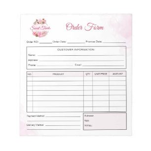 Sweet Treats Bakery Order Form Receipt Invoice Notepad