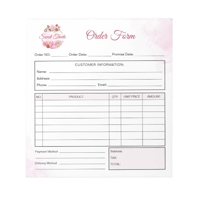 Sweet Treats Bakery Order Form Receipt Invoice Notepad (Front)