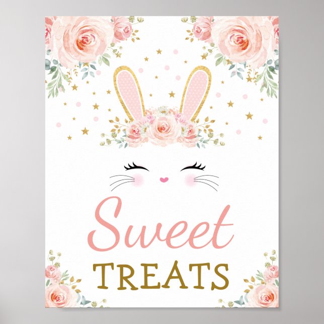 Sweet Treats / Cute Bunny Rabbit Blush Gold Floral Poster (Front)