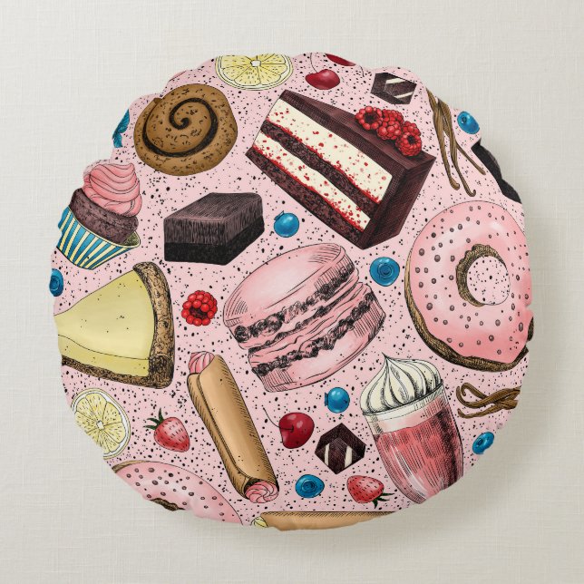 Sweet treats on pink round cushion (Front)