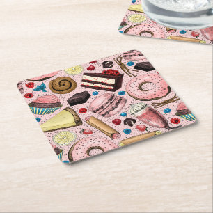 Sweet treats on pink square paper coaster