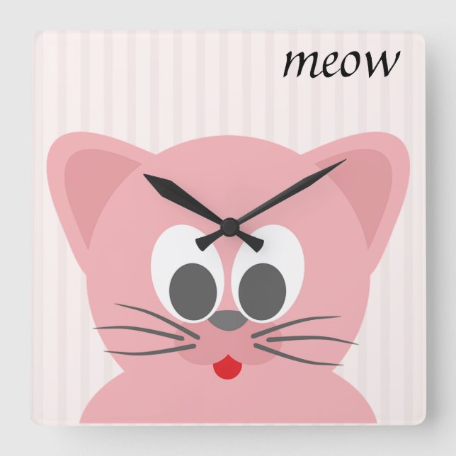 Sweet Trendy Pink Cat  Square Wall Clock (Front)
