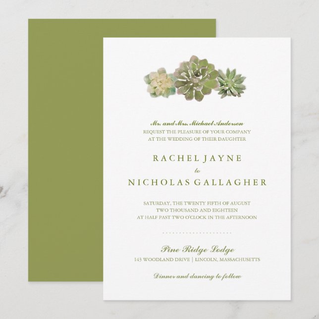 Sweet Trio Succulents Sage Green | Wedding Invitation (Front/Back)