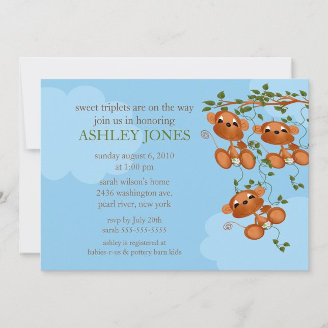 Sweet Triplets Baby Monkey Baby Shower Invitation (Front)