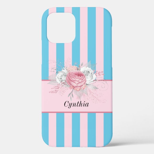 Sweet Turquoise and Pink Stripes and Flowers Case-Mate iPhone Case (Back)