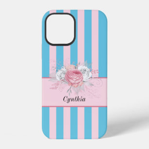 Sweet Turquoise and Pink Stripes and Flowers iPhone 12 Case