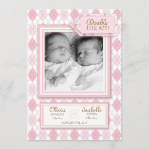 Sweet Twin Girl Argyle Photo Birth Announcement