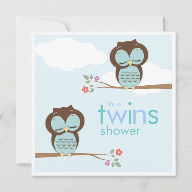 Sweet Twins Hoot Owls Boy Baby Shower Invitation (Front)