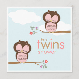 Sweet Twins Hoot Owls Pink Baby Shower Invitation