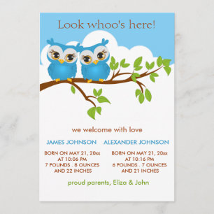 Sweet Twins Owls Baby Boy Birth Announcement Card
