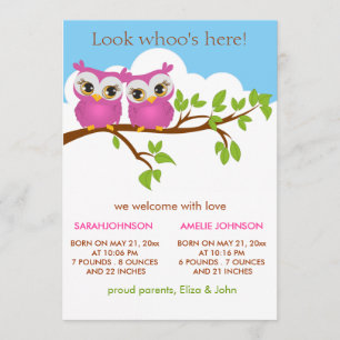 Sweet Twins Owls Baby Girl Birth Announcement Card