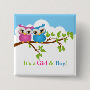 Sweet Twins Owls Boy Girl Baby Button