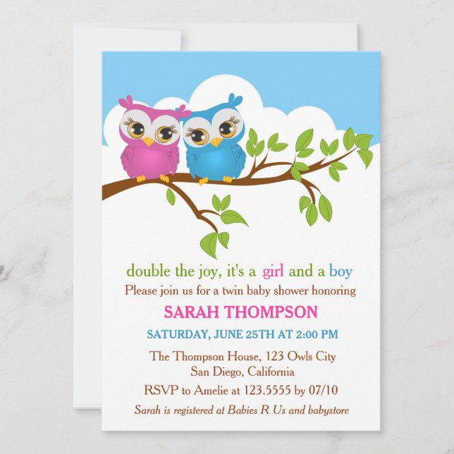 Sweet Twins Owls Boy Girl Baby Shower Invitation (Front)