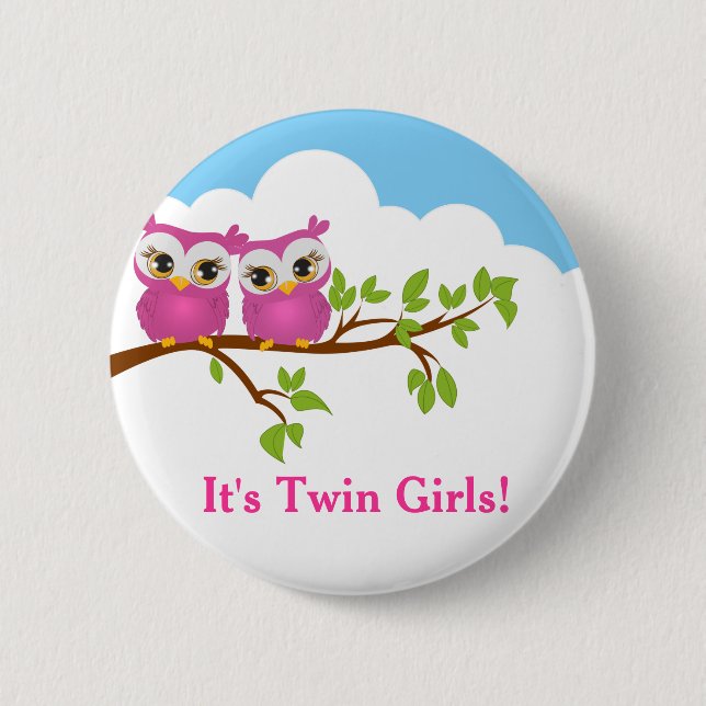Sweet Twins Owls Girl Baby Button (Front)