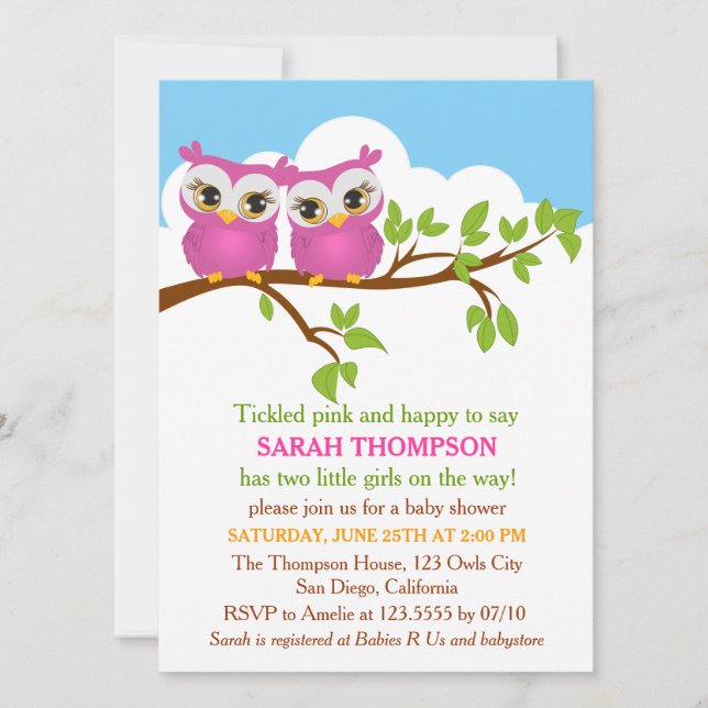 Sweet Twins Owls Girl Baby Shower Invitation (Front)