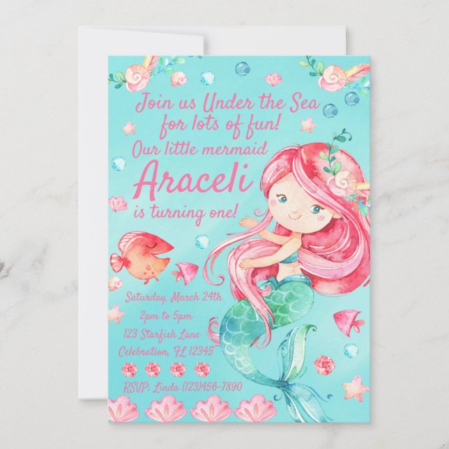 Sweet Under the Sea Pink Mermaid Girls Birthday Invitation (Front)