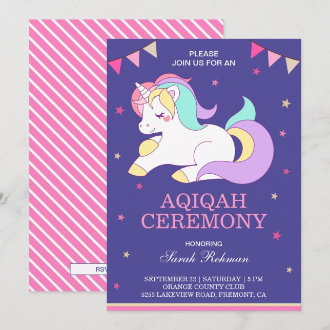 Sweet Unicorn Baby Girl Aqiqah Invitation (Front/Back)
