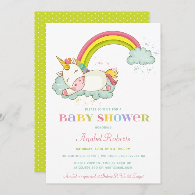 Sweet Unicorn Baby Shower Invitation Rainbow (Front/Back)