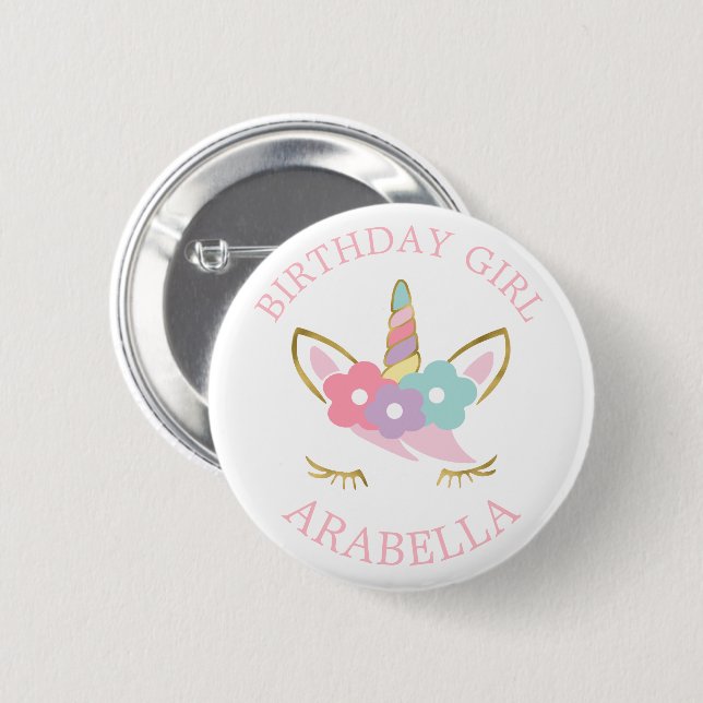 Sweet Unicorn "Birthday Girl" Personalised 6 Cm Round Badge (Front & Back)