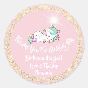 Sweet Unicorn Birthday Pink Thanks Gold Spark Classic Round Sticker