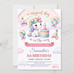 Sweet Unicorn Watercolor Pink Girl 1st Birthday  Invitation