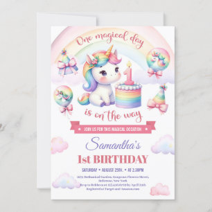 Sweet Unicorn Watercolor Pink Girl 1st Birthday  Invitation