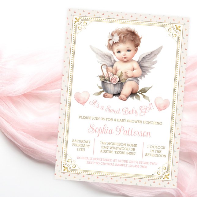 Sweet Valentine Cherub Baby Shower Invitation (Sweet baby shower invitation with adorable baby girl cherub on a pretty heart background.)