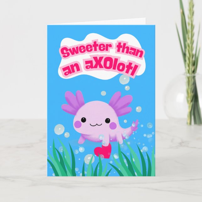 Sweet Valentine’s Day Axolotl with Heart Card (Front)