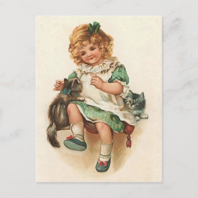 Sweet Victorian Girl & Kittens Vintage Postcard (Front)