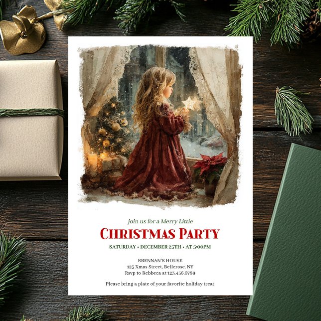 Sweet Victorian Little Girl Awaiting Santa Editabl Invitation (Sweet Victorian Little Girl Awaiting Santa Editable Invite)