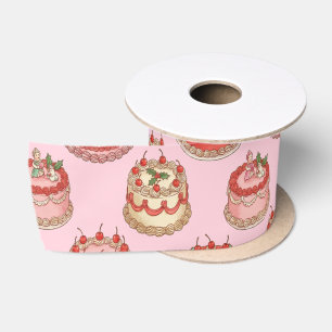 Sweet Vintage Cake and Cherries Pattern Satin Ribbon