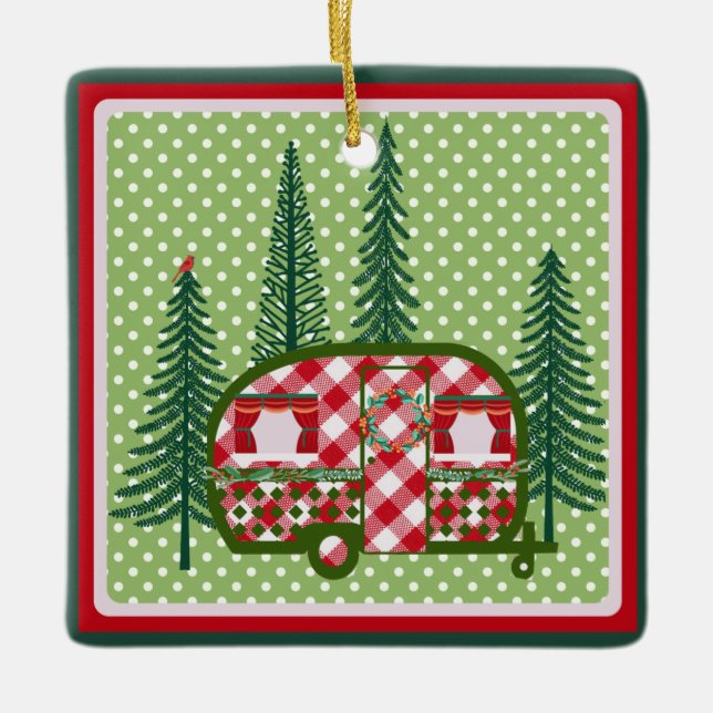 Sweet Vintage Camper Trailer Christmas Ceramic Ornament (Front)