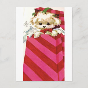 Sweet Vintage Christmas Puppy Bichon Lhasa Maltese Holiday Postcard
